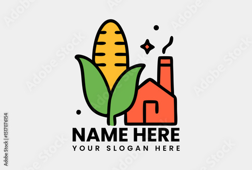 Agriculture icon showcasing a ripe corn cob next to a farm building with a smoking chimney. Rural industry concept