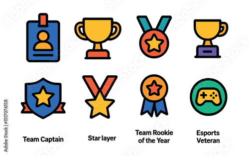 Flat vector icons of esports team hierarchy: team manager badge, head coach trophy, analyst star medal, assistant coach award, team captain badge, star player medal, team rookie of the year ribbon,