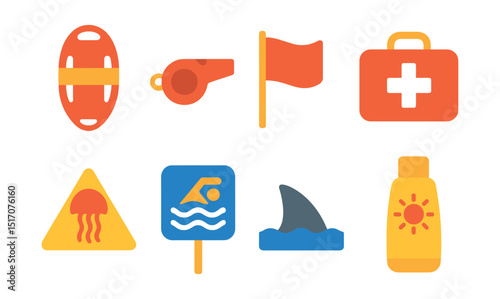 Flat vector icons of beach safety: lifeguard buoy, whistle, warning flag, first aid kit, jellyfish alert, swim zone sign, shark fin, sunscreen reminder.