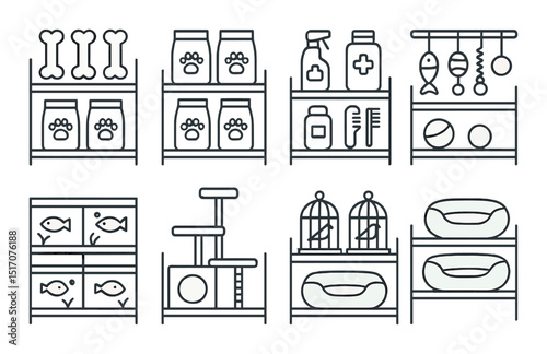 Pet care linear icon set. animal health and grooming symbols