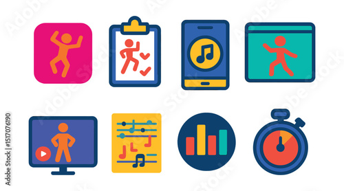 Flat vector icons of dance apps and digital tools: mobile app icon, choreography tracker, music sync app, live class app, instructor video, dance notation app, rhythm visualizer, practice timer.