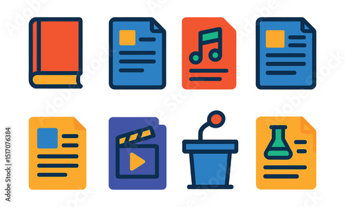 Flat vector icons of writing genres: novel, short story, poem page, blog post, news article, film script, speech, research paper.