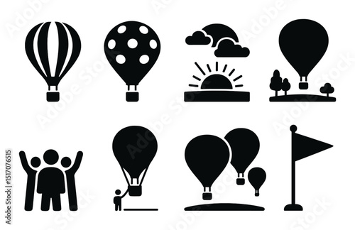 Hot air balloon silhouette icon set. adventure and travel symbols collection