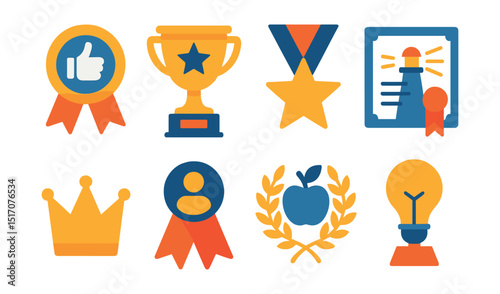 Flat vector icons of leadership and coaching awards: best coach badge, leadership excellence trophy, mentoring star medal, guiding light certificate, role model crown icon, inspiring leader ribbon,