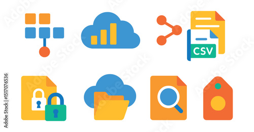 Flat vector icons of cloud data and files: structured data icon, big data cloud, CSV in cloud, document share icon, secure file icon, open folder in cloud, search file icon, metadata tag.
