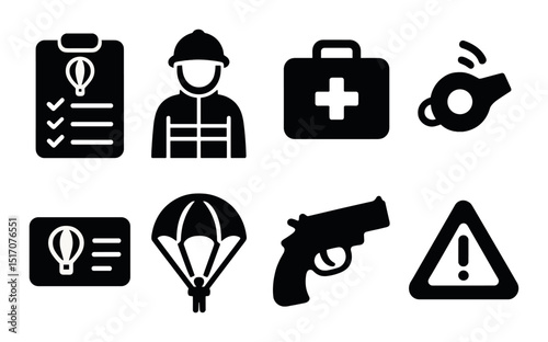 Emergency services silhouette icon set. safety, rescue, and first aid symbols