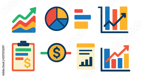 Flat vector icons of finance and analytics: revenue stream chart, expense breakdown, financial forecast, balance sheet graph, budget analysis icon, profit margin symbol, earnings report, cash flow