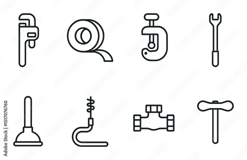 Plumbing tools linear icon set. pipe maintenance and repair symbols