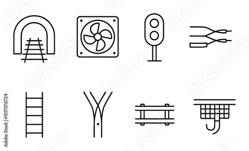 Railway infrastructure linear icon set. train and transport system symbols