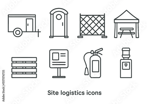 Construction and logistics linear icon set. site equipment and management symbols