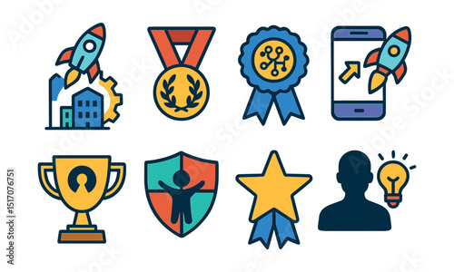 Flat vector icons of tech and innovation achievements: building a startup badge, winning hackathon medal, completing a machine learning project ribbon, launching an app badge, publishing on