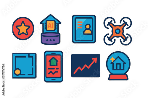 Flat vector icons of smart home trends and innovations: new feature icon, AI-powered device, smart mirror, indoor drone, room mapping tech, evolving app interface, trend chart, future preview icon.