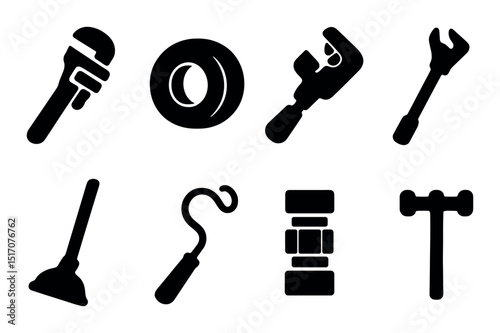 Plumbing tools silhouette icon set. repair and maintenance tool symbols collection