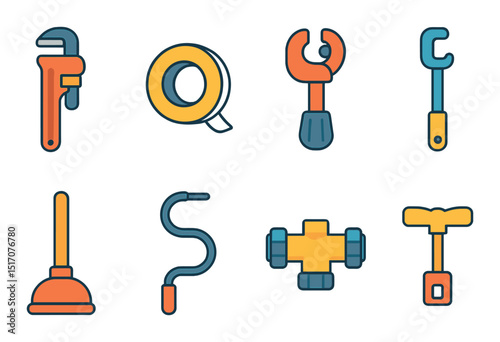 Plumbing tools icon set in flat style. home repair and maintenance symbols