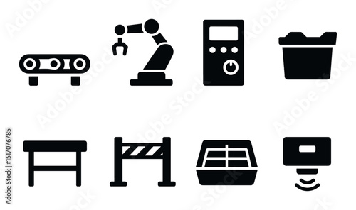 Industrial machinery silhouette icon set. manufacturing and equipment symbols
