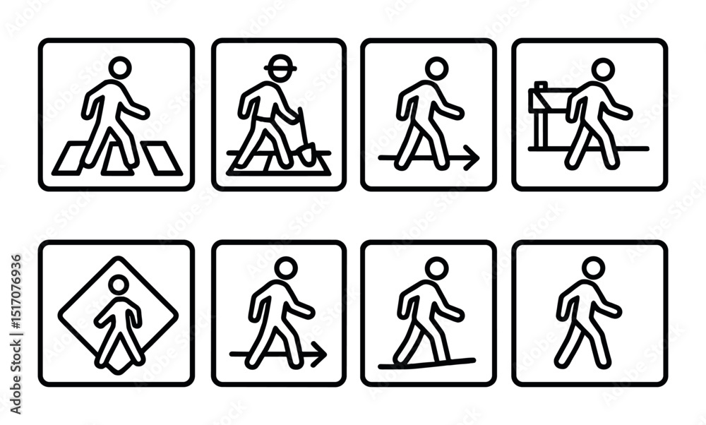 Pedestrian safety silhouette icon set. walking and traffic street symbols Pedestrian safety silhouette icon set. walking and traffic street symbols