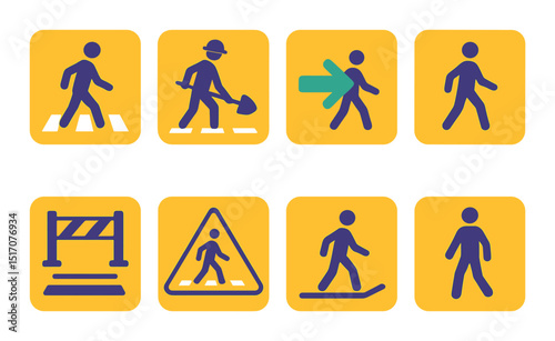 Pedestrian and walking silhouette icon set. traffic and signage symbols