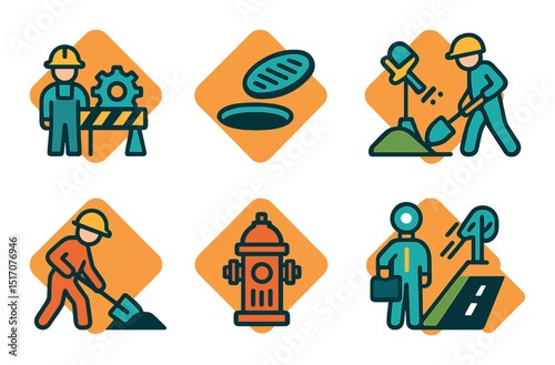Construction flat icon set. building, architecture, and development symbols