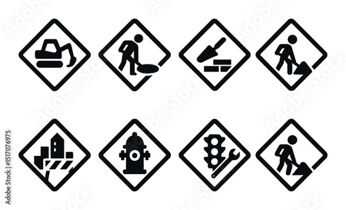 Construction and safety icon set in silhouette style. building and maintenance symbols