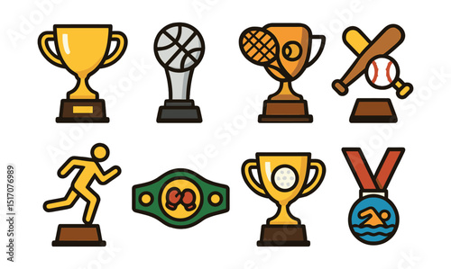Flat vector icons of classic sports trophies: golden soccer cup, silver basketball trophy, bronze tennis cup, baseball home-run award, running race winner trophy, boxing champion belt, golf