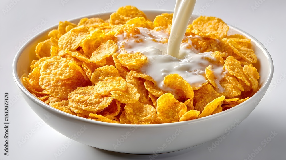 Delicious golden corn flakes cereal in a white bowl with milk pou over the top for a healthy breakfast. Delicious golden corn flakes cereal in a white bowl with milk pou over the top for a healthy breakfast.