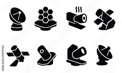 Space technology silhouette icon set. astronomy and satellite communication symbols