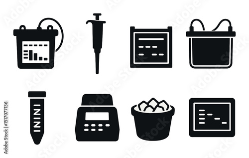 Scientific equipment silhouette icon set. lab tools and research symbols