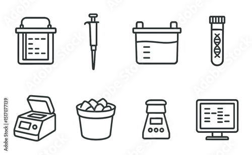 Science laboratory linear icon set. research and biotech equipment symbols