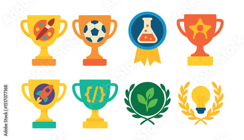 Flat vector icons of youth competitions trophies: best young artist award cup, junior sports champion trophy, student science fair winner badge, youth leadership summit trophy, teen entrepreneurship
