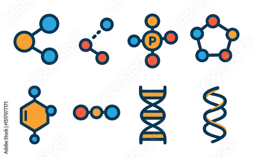 Science and molecular flat icon set. chemistry and dna symbols