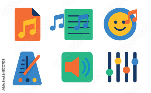 Flat vector icons of music and audio in animation: soundtrack file, music notes, background score icon, mood music symbol, tempo meter, beat markers, ambient sound icon, audio mix chart.