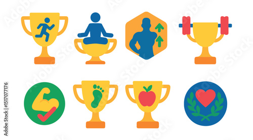 Flat vector icons of fitness and health trophies: marathon finisher cup, yoga master trophy, fitness transformation badge, weightlifting competition winner cup, personal fitness milestone badge,