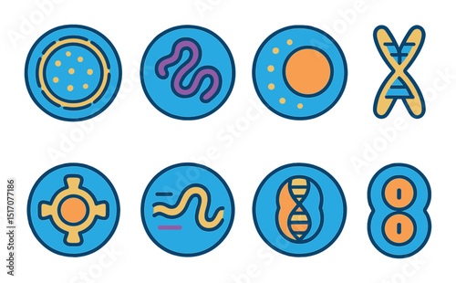 Microbiology flat icon set. cellular and genetic science symbols