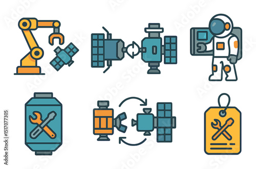 Space exploration flat icon set. astronautics and satellite symbols