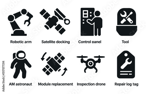 Space technology silhouette icon set. exploration and innovation symbols
