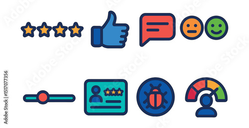 Flat vector icons of user feedback and ratings: five-star rating, thumbs up icon, comment field, smiley face rating scale, feedback slider, review card, bug report symbol, user sentiment meter.