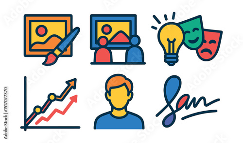 Flat vector icons of animation as an art form: paintbrush with frame, art exhibition icon, animation gallery, creative expression symbol, visual storytelling mask, stylistic evolution graph, personal
