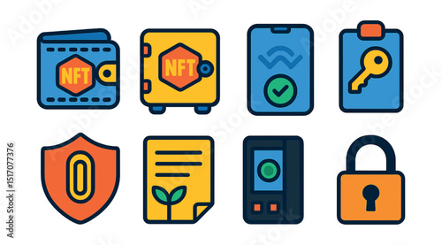 Flat vector icons of NFT wallets and security: crypto wallet icon, NFT asset vault, wallet connect screen, key backup icon, secure token badge, seed phrase icon, hardware wallet, lock symbol.