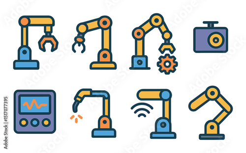 Robotics and automation flat icon set. mechanical and engineering symbols