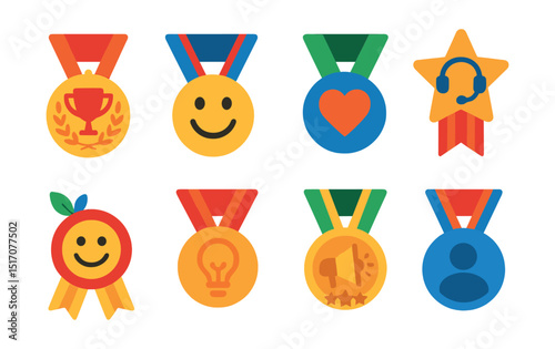 Flat vector icons of customer loyalty and service medals: top customer loyalty badge, highest customer satisfaction medal, excellent client service award, support team star medal, product experience