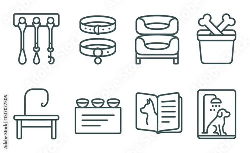Pet care linear icon set. animal grooming and accessories symbols