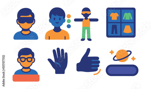 Flat vector icons of VR avatars and identity: stylized avatar icon, customizable character, expression panel, full-body tracking avatar, outfit selection screen, user tag in VR, gesture animation,