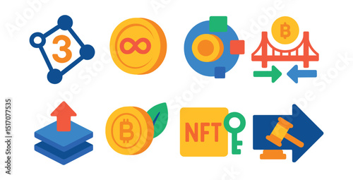 Flat vector icons of crypto trends and innovation: Web3 symbol, metaverse coin icon, tokenization graphic, cross-chain bridge, Layer 2 solution, eco-friendly mining, NFT utility symbol, regulatory