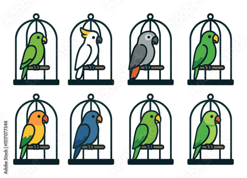 Parrot and pet bird silhouette icon set. aviary and feathered friends symbols