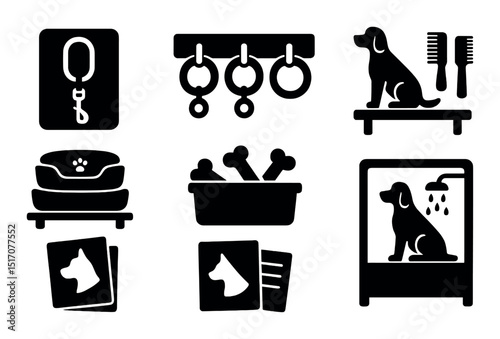 Pet care silhouette icon set. grooming, supplies, and training symbols