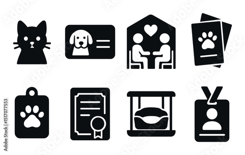 Pet adoption silhouette icon set. animal rescue and shelter symbols