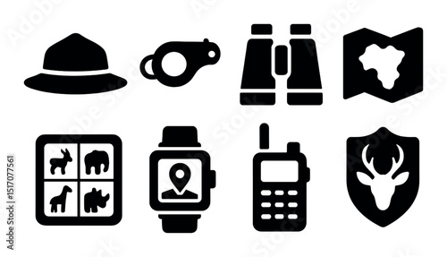 Wildlife exploration icon set in silhouette style. adventure and nature symbols