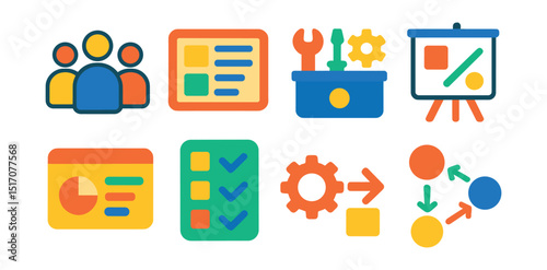 Flat vector icons of collaboration tools and apps: collaboration app icon, shared workspace UI, productivity toolkit, virtual whiteboard, software dashboard, task tracker app, work automation icon,