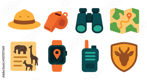 Safari and wildlife icon set: flat style symbols for adventure and exploration
