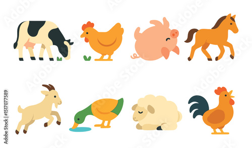 Farm animals icon set. flat style barnyard creatures and livestock symbols.